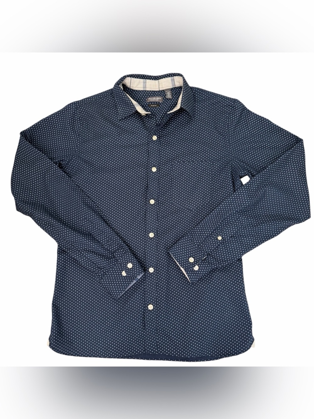 Van Heusen Never Tuck Slim Fit Mens Small Blue Geometric Flip Cuff Shirt 14-14.5
